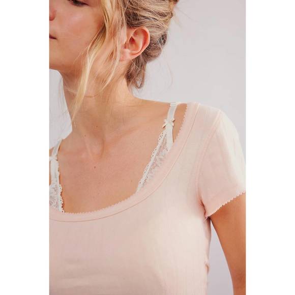 NEW FREE PEOPLE end game pointelle baby tee in peach dust - Picture 3 of 3